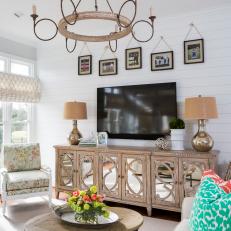 Large Brass Chandelier Brightens Living Room