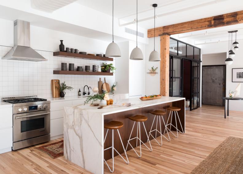 Neutral Open Plan Kitchen With Dome Pendants