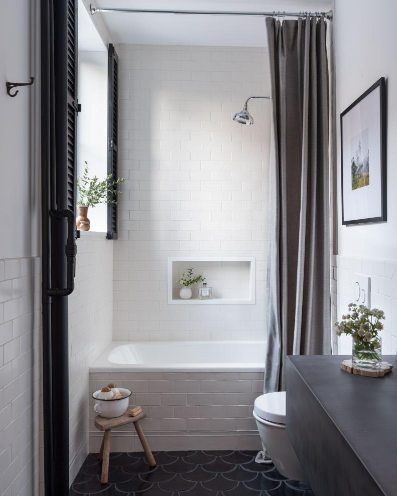 Small Bathroom With Gray Shower Curtain