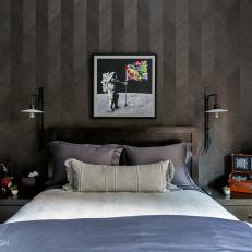 Gray Bedroom With Striped Wallpaper