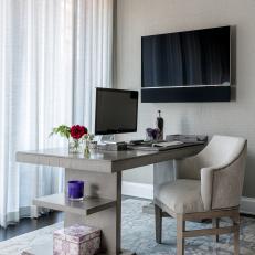 Gray Contemporary Home Office With Purple Box
