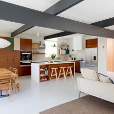 Midcentury Modern Great Room With Gray Beams