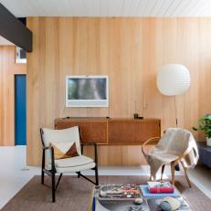 Neutral Midcentury Modern Living Room With Paper Lantern