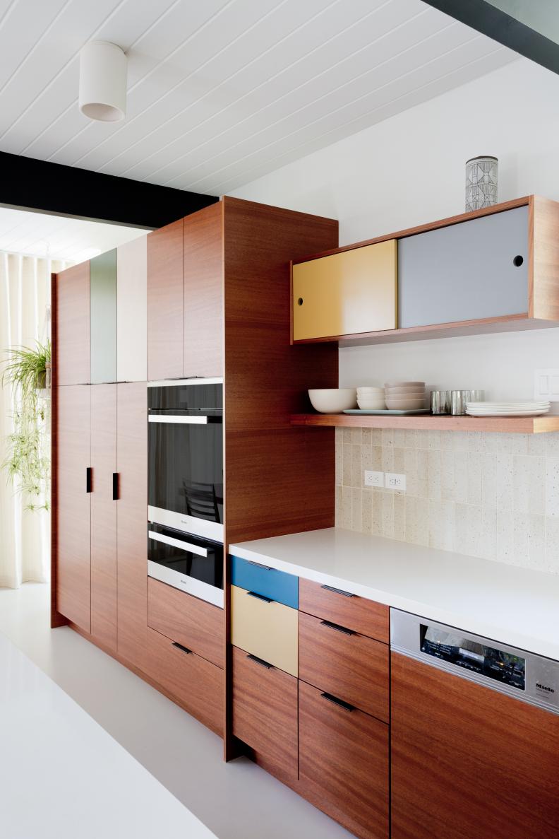 Midcentury Kitchen With Color Block Cabinets