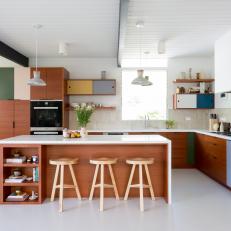 Multicolored Midcentury Modern Open Plan Kitchen