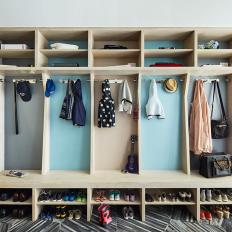 Pale Wood Cubbies Provide Storage for Shoes and Outerwear