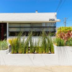Angular Midcentury-Modern White Home Exterior With Ornamental Grasses