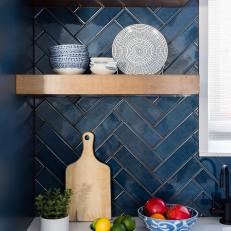 Blue Subway Tile with Open Wood Shelves