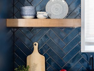 Blue Subway Tile with Open Wood Shelves