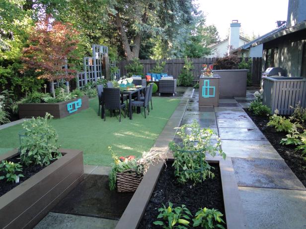 Backyard Dining And Entertaining Area Withraised Garden Beds Hgtv
