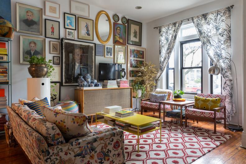 For a more advanced use of a bold color like citron yellow, try using it to break up the activity in a busy space that mixes lots of elements. In this living room, the bright yellow coffee table at the center of it all gives the eye a place to rest amidst the patterns, paintings and stylish furnishings.