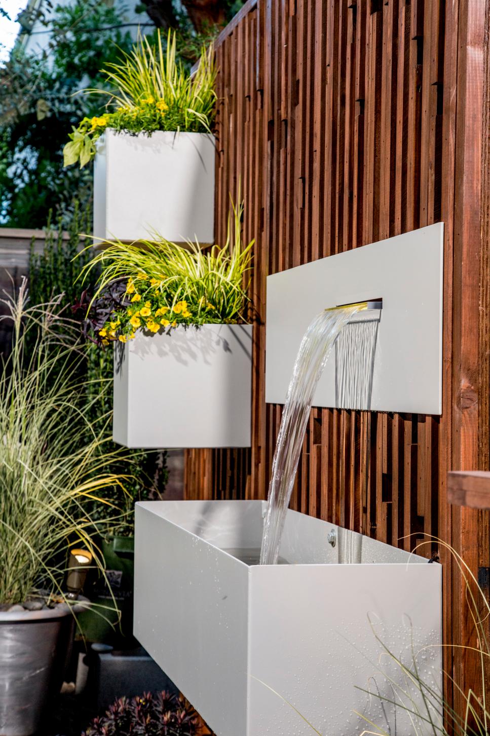 White Contemporary Water Feature on Wall of Exotic Wood | HGTV