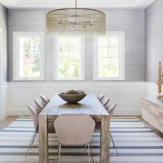 Gray Contemporary Dining Room With Striped Rug