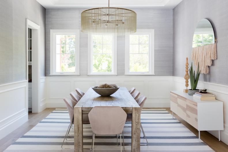 Gray Dining Room With Striped Rug