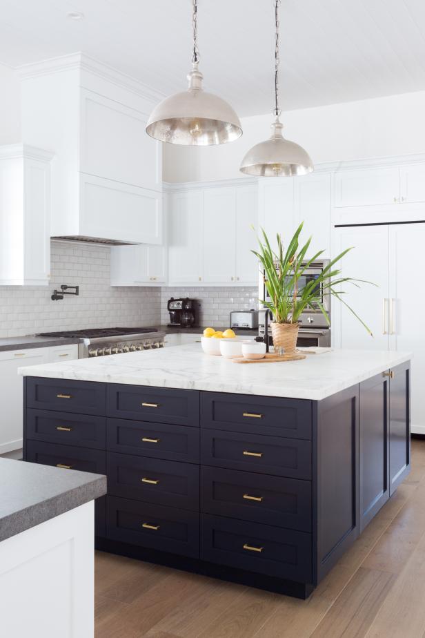 White Chef Kitchen With Dark Blue Island Hgtv