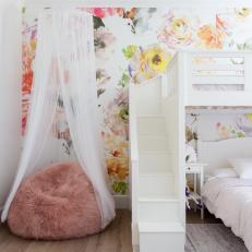 Multicolored Girl's Bedroom With Floral Wallpaper