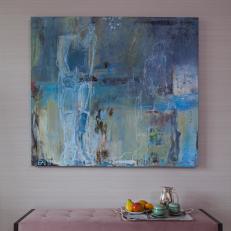 Contemporary Living Room Detail With Pink Tufted Bench And Blue Abstract Art