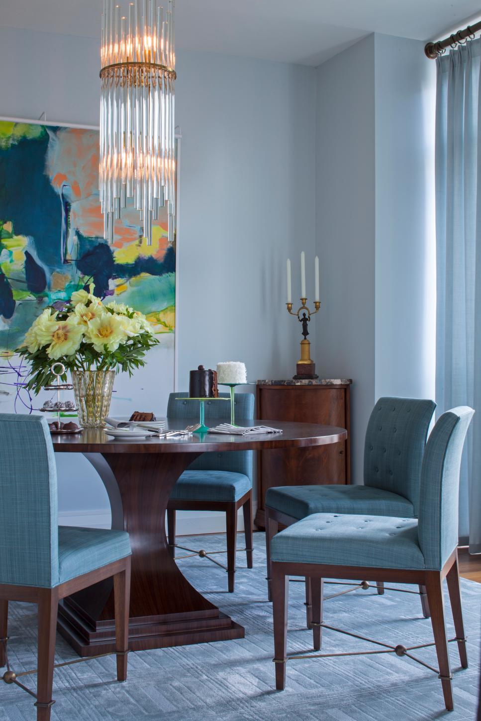 Contemporary Blue Dining Room With Wood Table And Upholstered Blue Dining Chairs HGTV