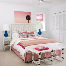 Pink and White Tropical Bedroom With Blue Lamps