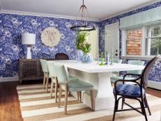 Blue Coastal Dining Room With Wallpaper