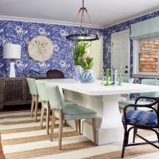 Blue Coastal Dining Room With Wallpaper