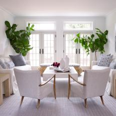 White Transitional Living Room With Two Trees