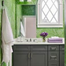 Green Bathroom With Graphic Wallpaper
