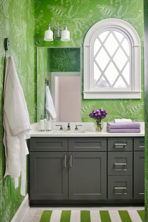 Green Bathroom With Graphic Wallpaper | HGTV