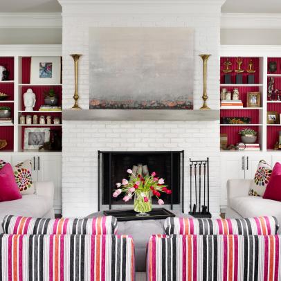 Pink and White Transitional Living Room With Striped Chairs