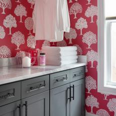 Laundry Room With Pink Wallpaper