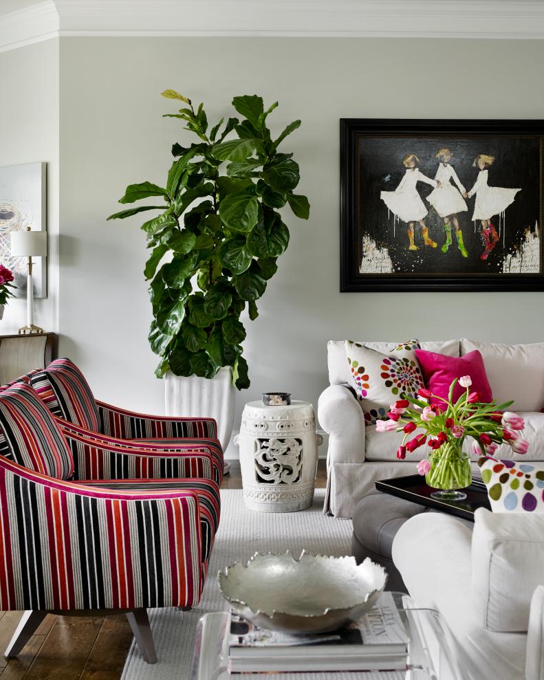 Living Room With Pink Striped Armchairs