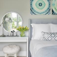 Gray Transitional Bedroom With Furry Stool