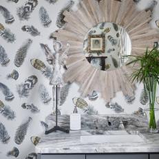 Gray Powder Room With Feather Wallpaper