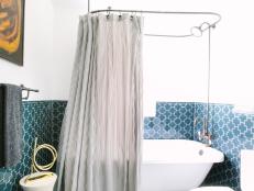 eclectic blue and white bathroom