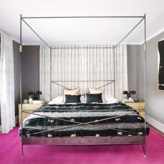 Hot Pink Rug Adds Pop of Color to Eclectic Master Bedroom