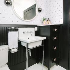 Black-and-White Powder Room With Penny Tile Floors
