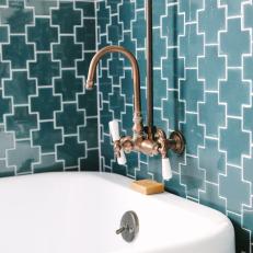 Eclectic Bathroom Pairs Copper Faucet, Turquoise Tile