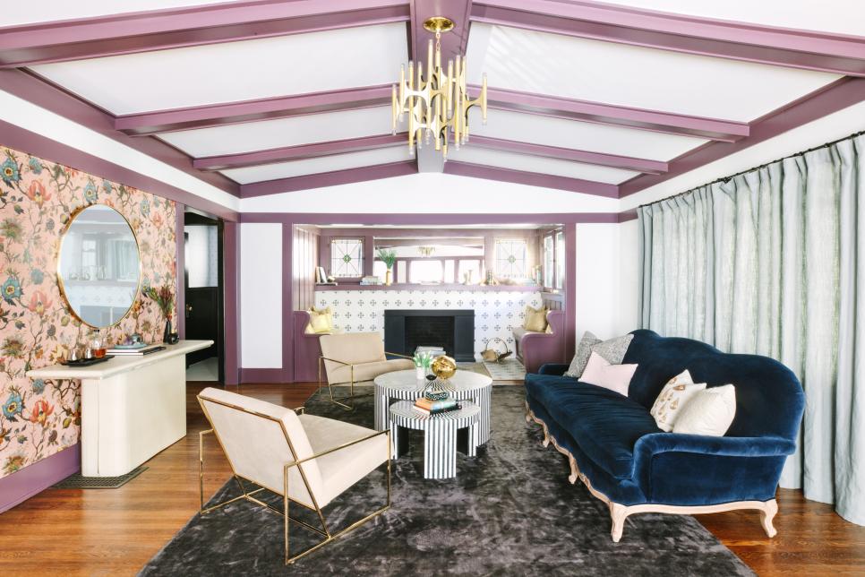 eclectic living room with purple ceiling beams