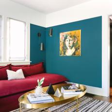 Jewel-Toned Sitting Room With Ruby Red Sofa