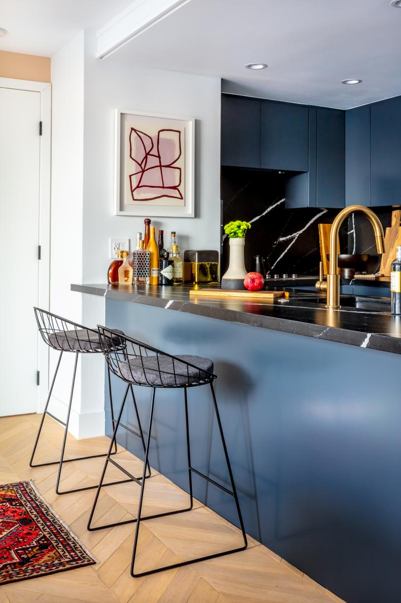 modern blue kitchen with eat-in island