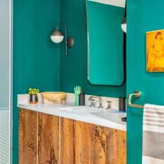 Eclectic, Emerald Green Bathroom With Wood Vanity