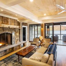 Rustic Stone Fireplace Anchors Sitting Area