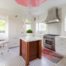 Pink and White Eclectic Kitchen With Geometric Floor