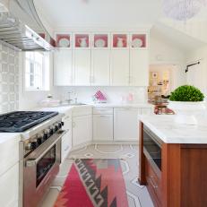 Pink and White Eclectic Kitchen With Pink Rug
