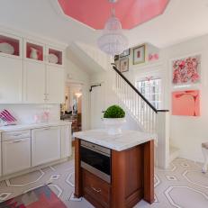 Pink and White Eclectic Kitchen With Stairs