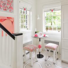 Pink and Gray Eclectic Dining Area With Stools