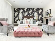 Contemporary White Master Bedroom With Floral Wallpaper Accent Wall