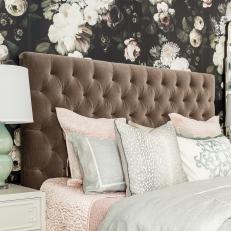 Contemporary Master Bedroom With Tufted Headboard And Gray And Pink Accents