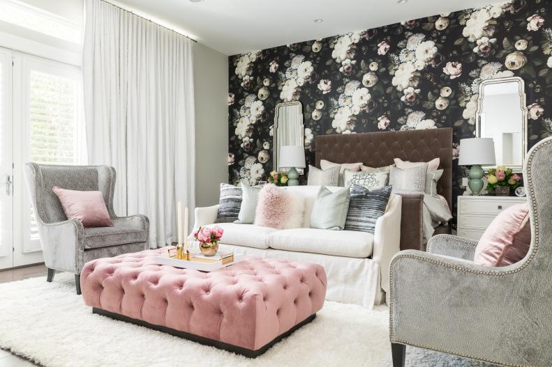 Contemporary Gray And Pink Master Bedroom With Floral Accent Wall