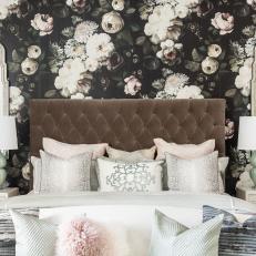 Contemporary Master Bedroom With Floral Wallpaper Accent Wall,  Tufted Headboard And Gray And Pink Accents